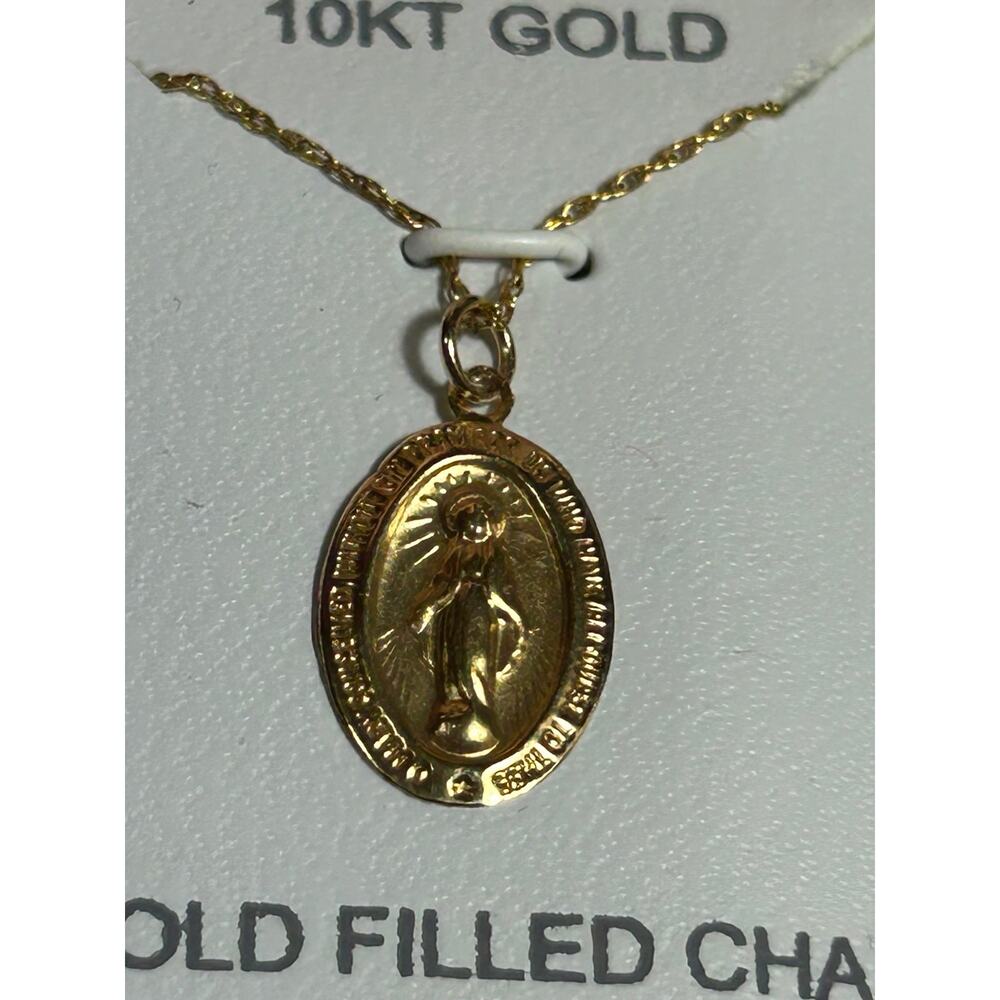 10k yellow gold Miraculous Medal Virgin Mary pendant on 10k gold filled necklace